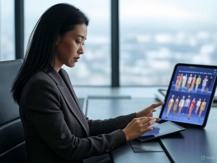 Uma mulher elegante usando um tablet com um avatar virtual de moda exibindo diferentes looks em um guarda-roupa digital, com fundo moderno e sofisticado, destacando a tecnologia de IA e moda.