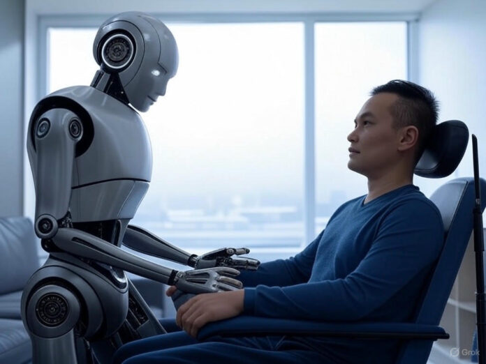 Uma representação futurista de um robô de inteligência artificial realizando uma sessão de fisioterapia virtual com um paciente, em um ambiente moderno e tecnológico, simbolizando a inovação da Sword Health na saúde digital.