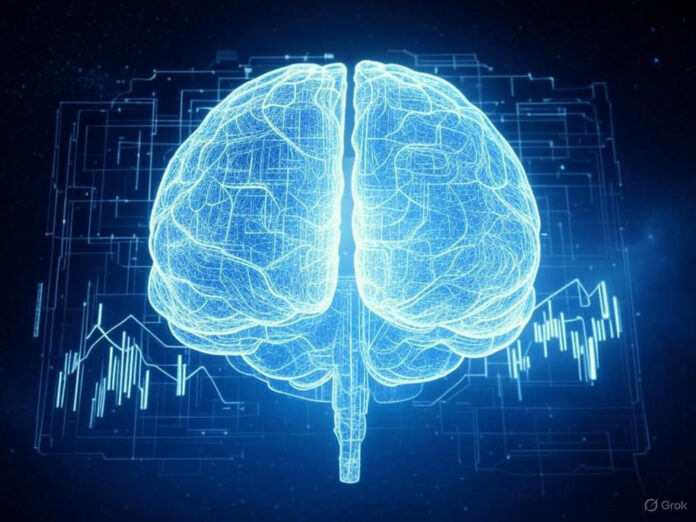 Uma representação futurista de um cérebro de inteligência artificial brilhante, cercado por circuitos e gráficos holográficos, simbolizando a tecnologia avançada da xAI. No fundo, um céu noturno com estrelas e dados digitais flutuando, refletindo a escala cósmica da ambição de Elon Musk.