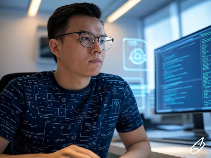 Uma imagem futurista de um desenvolvedor utilizando uma ferramenta de IA para escrever código em um ambiente moderno, com gráficos holográficos e elementos de tecnologia avançada ao fundo. O desenvolvedor está concentrado em uma tela brilhante com linhas de código, enquanto o logotipo do Cursor aparece discretamente em um canto.