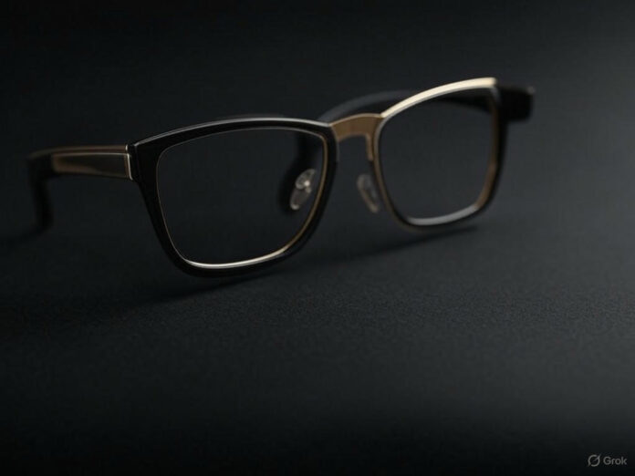 Óculos inteligentes de alta moda com design elegante e tecnologia de IA, em um fundo minimalista com tons de preto e dourado, destacando a fusão entre tecnologia e luxo.
