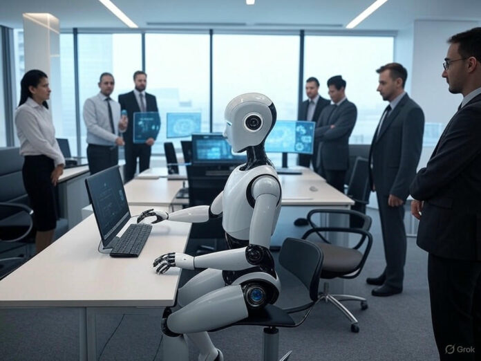 Uma ilustração futurista mostrando um robô de IA generativa trabalhando em um escritório moderno, enquanto humanos observam e colaboram ao redor. O ambiente transmite inovação e transformação digital, com elementos como telas holográficas e gráficos de dados flutuantes.