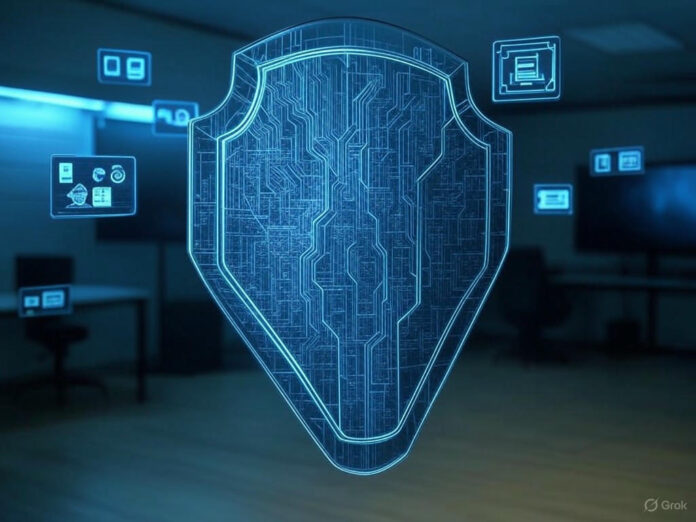 Uma imagem futurista representando a colaboração entre inteligência artificial e segurança nacional, com um holograma de um escudo de proteção cibernética ao fundo e ícones de tecnologia militar e administrativa flutuando no centro, em tons de azul e preto.