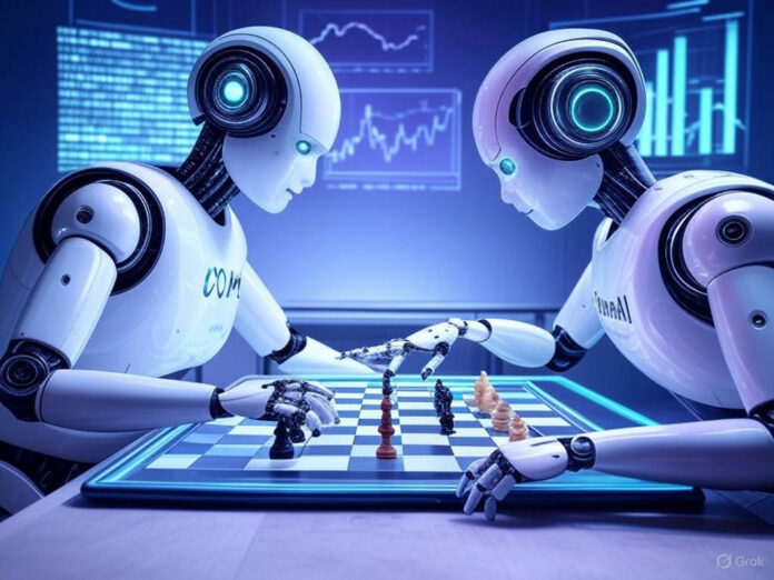 Uma ilustração futurista mostrando dois robôs humanoides, um representando a Meta e outro a OpenAI, em uma competição de xadrez sobre um tabuleiro digital com símbolos de IA. Ao fundo, gráficos de dados e códigos binários flutuando, simbolizando a batalha pela liderança na inteligência artificial. Estilo digital, cores vibrantes e detalhes high-tech.