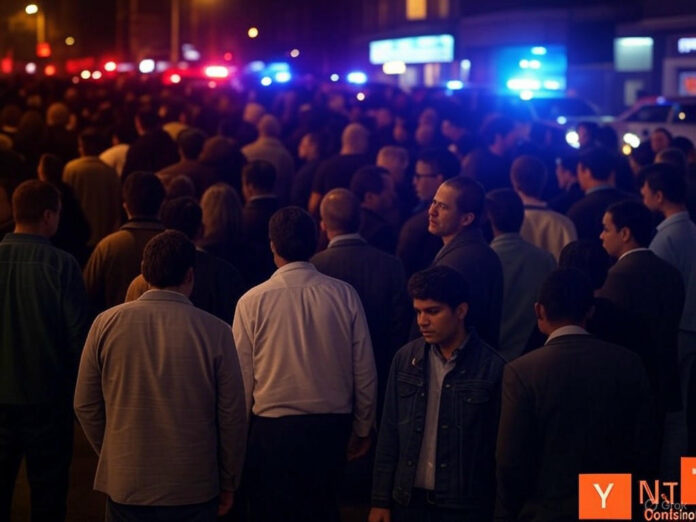 Uma multidão agitada do lado de fora de um local de festa em São Francisco, com luzes policiais piscando ao fundo e pessoas dispersando. O letreiro do Y Combinator aparece parcialmente visível em um canto, simbolizando o contexto da startup. O clima é caótico e urbano, com tons noturnos e contrastes de luz.