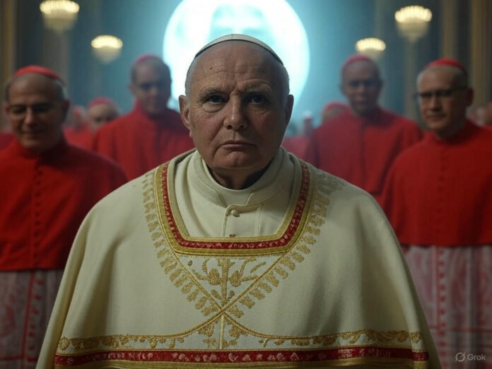 Uma imagem do Papa Leão XIV em um salão do Vaticano, cercado por cardeais, com um holograma de inteligência artificial projetado ao fundo, simbolizando o debate entre a Igreja e a tecnologia. A cena deve transmitir seriedade e reflexão, com tons sóbrios e iluminação dramática.