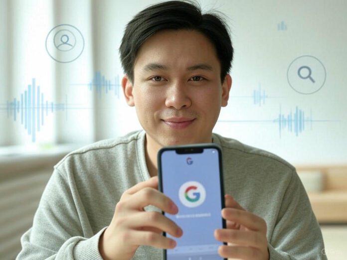 Uma pessoa segurando um smartphone moderno com o ícone 'Live' do Google destacado na tela, enquanto conversa com a assistente de voz. Ao fundo, elementos de inteligência artificial, como ondas sonoras e ícones de busca, simbolizam a interação por voz com a IA.