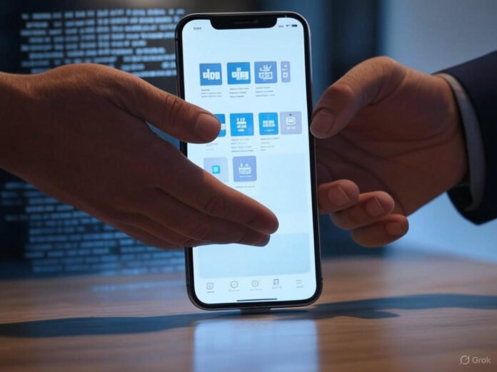 Uma ilustração futurista mostrando um smartphone com o aplicativo Digg aberto, exibindo uma interface limpa e moderna, com ícones de votação e resumos de notícias gerados por IA. No fundo, símbolos de conexão humana e tecnologia, como mãos se cumprimentando e linhas de código flutuantes.