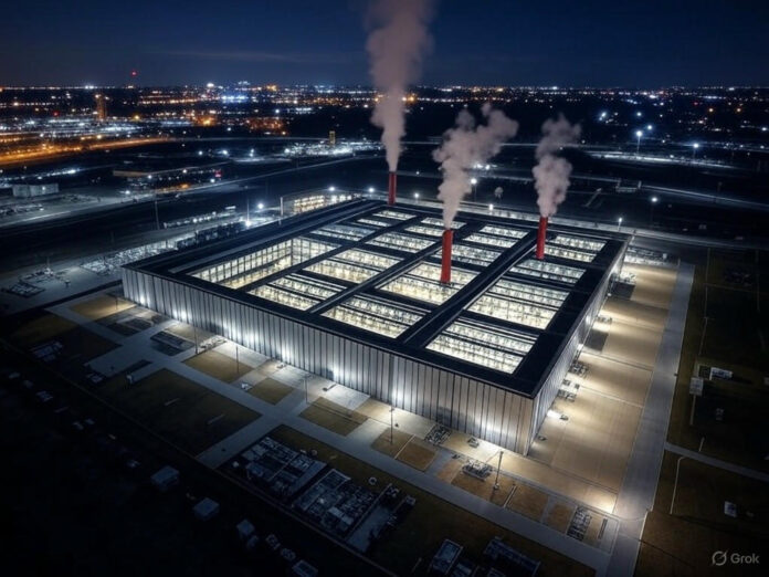 Uma imagem aérea noturna de um grande centro de dados com várias turbinas a gás em operação ao redor, emitindo fumaça. O céu está poluído e a paisagem urbana de Memphis aparece ao fundo, destacando o contraste entre a tecnologia e o impacto ambiental.