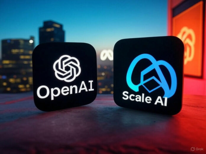 Uma imagem que represente a quebra de parceria entre empresas de tecnologia, com os logotipos da OpenAI e da Scale AI se afastando, enquanto o logotipo da Meta aparece ao fundo. O cenário deve transmitir tensão e mudança, utilizando tons de azul e vermelho para contrastar as empresas envolvidas.