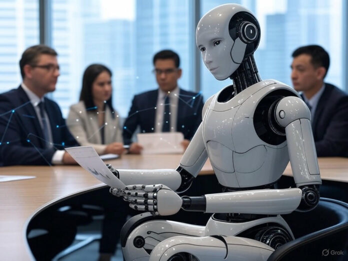 Uma imagem futurista representando a fusão de inteligência artificial e serviços profissionais. No centro, um robô estilizado e humanóide está sentado em uma mesa de reunião com executivos, segurando um gráfico de crescimento financeiro. Ao fundo, prédios de escritórios modernos e linhas de dados digitais flutuando no ar, simbolizando a integração de IA em empresas tradicionais.
