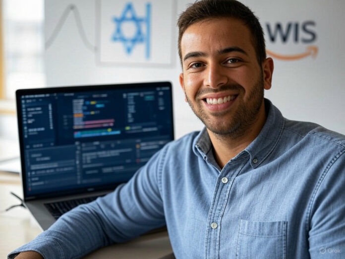 Um desenvolvedor israelense sorridente, em frente a um laptop com códigos de programação e uma interface de IA, representando a criação de aplicativos sem código. Ao fundo, um gráfico de crescimento exponencial e logotipos de empresas como Wix e AWS, simbolizando sucesso e parcerias.