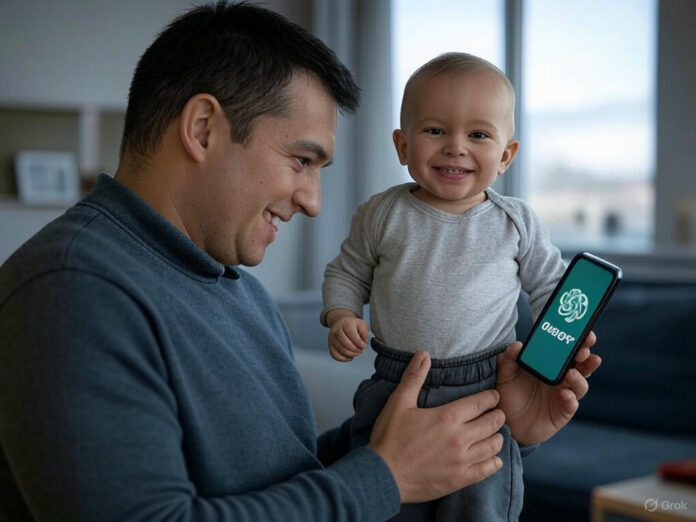 Um pai segurando um bebê enquanto olha para uma tela de smartphone com o ícone do ChatGPT visível, em um ambiente aconchegante e moderno. O bebê está sorrindo e a cena transmite harmonia entre a tecnologia e a paternidade.