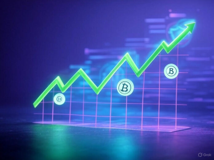 Uma representação futurista de um gráfico de crescimento exponencial com ícones de IA, moedas e setas ascendentes, simbolizando o aumento recorde de investimentos em inteligência artificial em 2025. Fundo em tons de azul e roxo, com elementos tecnológicos abstratos.