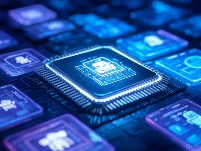 Uma ilustração futurista mostrando um chip de computador brilhante no centro, cercado por hologramas de robôs, gráficos de dados e símbolos de IA, representando a liderança da Nvidia na revolução da inteligência artificial. Fundo em tons de azul e roxo, com efeitos de luz neon.