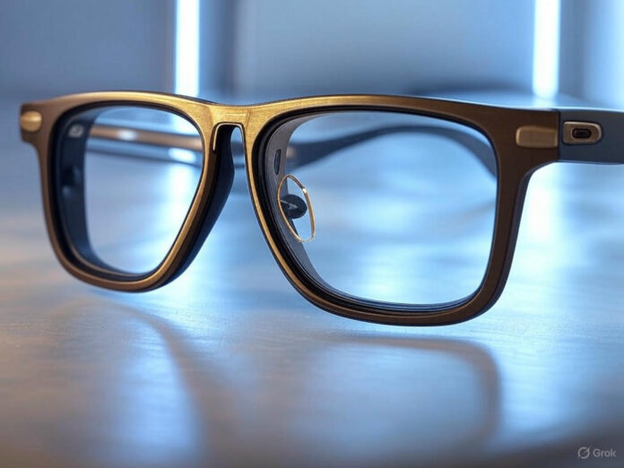 Um par de óculos inteligentes Oakley Meta HSTN com detalhes dourados, exibindo a câmera frontal e lentes modernas, em um fundo futurista com tons de azul e prata.
