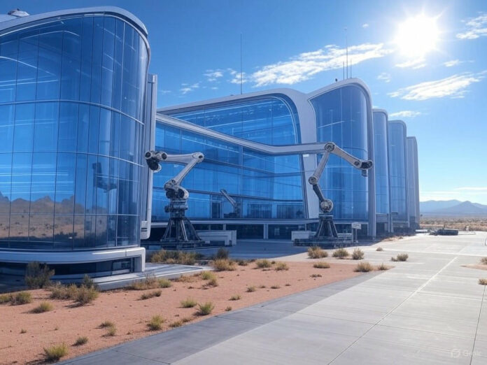 Uma representação futurista de um complexo industrial de alta tecnologia no deserto do Arizona, com robôs e estruturas de IA em destaque, sob um céu azul e um sol brilhante, simbolizando inovação e progresso tecnológico.