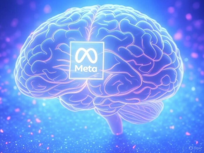 Uma ilustração futurista de um cérebro digital brilhante cercado por ícones de tecnologia e redes neurais, representando a inteligência artificial e a superinteligência. No centro, um holograma com o logotipo da Meta, simbolizando sua busca por talentos em IA. Fundo em tons de azul e roxo, com efeitos de luz e partículas tecnológicas.