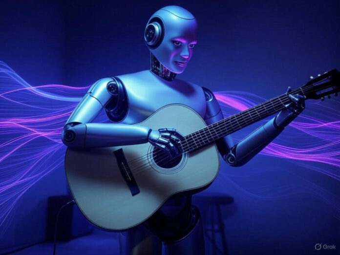 Uma imagem futurista representando a interseção entre música e inteligência artificial, com um robô tocando um instrumento musical enquanto ondas sonoras digitais fluem ao redor. O fundo deve ser escuro com tons de azul e roxo, destacando a tecnologia e a criatividade.
