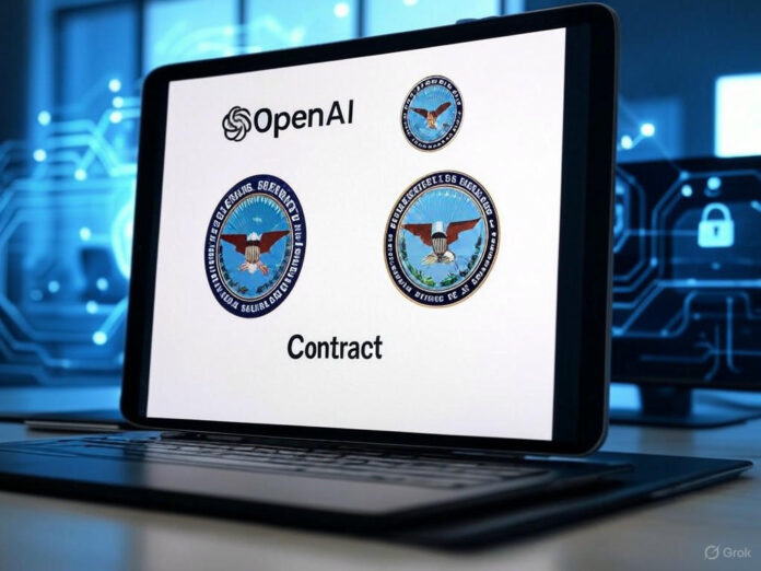Uma imagem futurista representando um contrato digital entre a OpenAI e o Departamento de Defesa dos EUA, com símbolos de inteligência artificial e segurança militar ao fundo, em tons de azul e preto, destacando a seriedade e inovação do acordo.