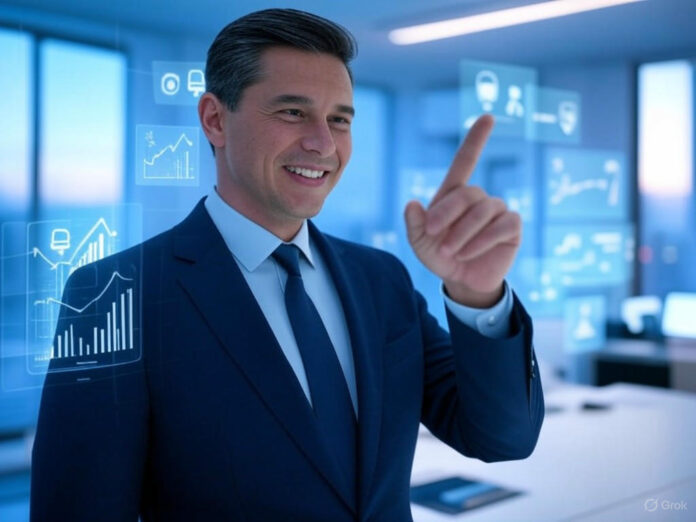 Um executivo de tecnologia, vestindo um terno moderno, em pé em um escritório futurista com hologramas de chatbots de IA ao fundo. Ele está sorrindo e apontando para um painel digital com gráficos de crescimento e ícones de segurança. A cena transmite confiança e inovação, com luzes suaves e tons azulados.