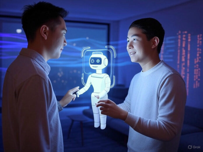 Uma representação futurista de um chatbot de IA interagindo com um usuário humano, com elementos de tecnologia avançada e dados fluindo ao fundo, tudo em tons de azul e roxo.