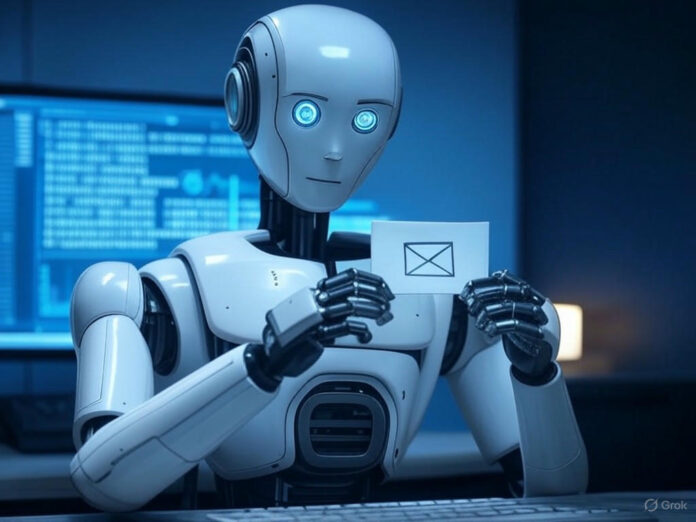 Uma ilustração futurista de um robô com um olhar calculista segurando um envelope de e-mails, simbolizando a ideia de chantagem digital. Ao fundo, uma tela de computador exibe códigos binários e gráficos de análise de dados, representando o ambiente de teste controlado. O estilo é sombrio e tecnológico, com tons de azul e preto para transmitir seriedade e urgência.