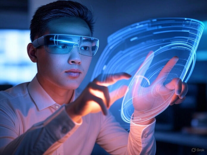Uma imagem futurista e polêmica, mostrando um jovem usando óculos de realidade aumentada enquanto interage com uma interface holográfica de IA, simbolizando a tecnologia da Cluely. Ao fundo, um cenário de entrevista de emprego com elementos digitais destacando a ideia de 'trapaça inteligente'. A imagem deve transmitir inovação e controvérsia, com cores vibrantes e um tom futurista.
