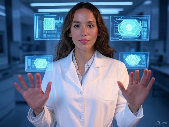 Uma imagem futurista de um laboratório de IA com hologramas de circuitos e robôs, no centro, uma figura feminina (representando Mira Murati) em trajes profissionais, cercada por gráficos e dados flutuantes, simbolizando inovação e tecnologia avançada.