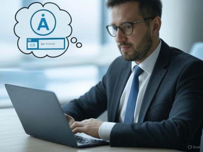 Uma imagem que represente um profissional usando o LinkedIn em um laptop, com um balão de pensamento mostrando um ícone de IA e um texto sendo revisado. O fundo deve ser limpo, com tons profissionais de azul e branco, e o foco centralizado no laptop e no balão de pensamento.