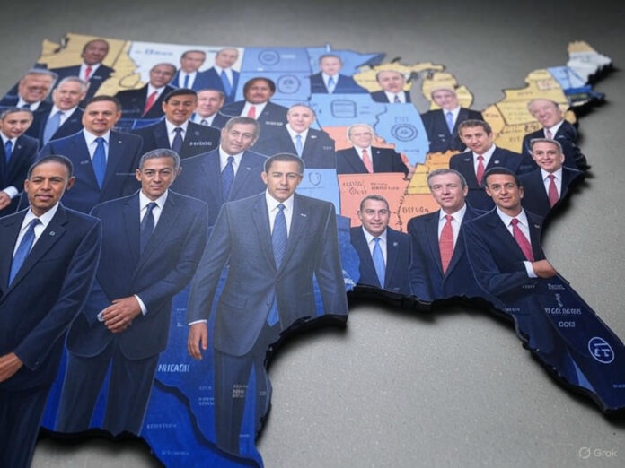 Uma imagem simbólica representando o conflito entre regulamentação federal e estadual nos EUA, com um mapa dos Estados Unidos dividido por uma linha de tensão, símbolos de IA e políticos em lados opostos, em um estilo editorial moderno e impactante.