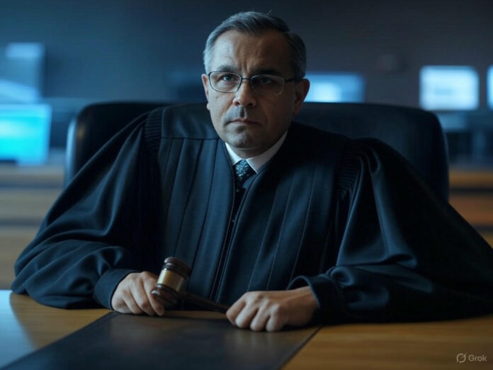 Uma imagem que representa a disputa judicial entre a OpenAI e a IYO, com um juiz segurando um martelo diante de um fundo que combina elementos de tecnologia e design. No centro, um vídeo está sendo removido de uma tela de computador, simbolizando a ordem judicial. As cores são sóbrias, com tons de azul e cinza, para transmitir seriedade.