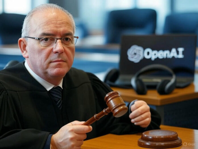 Uma imagem que representa a disputa judicial entre a OpenAI e a iyO, com um juiz segurando um martelo em frente a um laptop exibindo o logotipo da OpenAI e um par de fones de ouvido high-tech (representando a iyO). O cenário é um tribunal moderno, com tons de azul e cinza para transmitir seriedade e tecnologia.