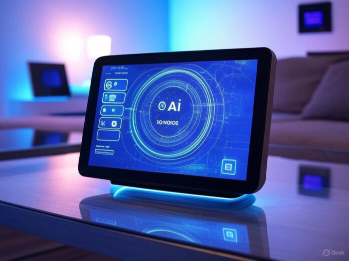 Uma imagem futurista de um assistente digital Alexa+ com elementos de IA generativa, exibindo uma interface holográfica interativa em uma sala moderna equipada com dispositivos inteligentes. O destaque central é a tela do Echo Show, que apresenta gráficos de IA e comandos de voz, utilizando tons de azul e roxo para transmitir uma sensação de inovação.