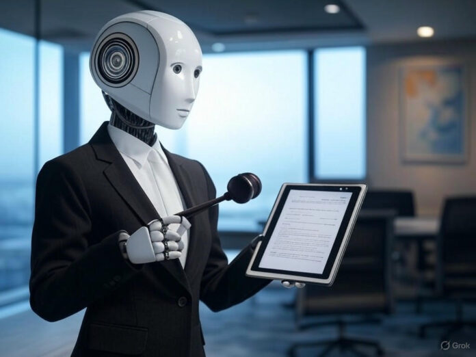Uma ilustração futurista de um robô vestindo um traje de advogado, segurando um martelo de juiz e um documento digital, representando a automação jurídica. Ao fundo, um escritório moderno com telas exibindo gráficos e códigos de IA, simbolizando inovação e tecnologia.