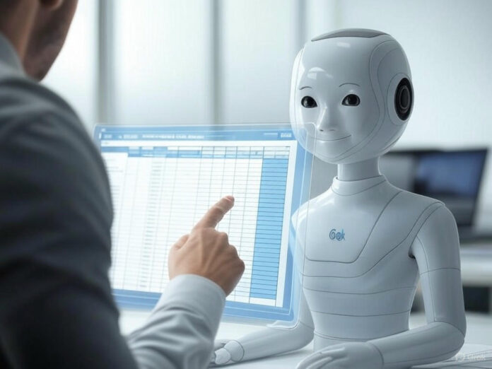 Uma imagem futurista mostrando uma interface de editor de arquivos com um assistente de IA (Grok) ao lado, exibindo uma planilha sendo editada. O ambiente deve ser clean, com tons de azul e branco, destacando a interação entre humano e máquina.