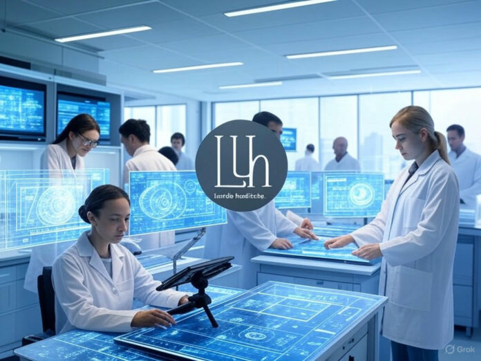 Uma imagem futurista de um laboratório de inteligência artificial, com cientistas trabalhando em hologramas de dados e robôs colaborando em projetos. No centro, um destaque para o logotipo do Laude Institute, simbolizando inovação e pesquisa avançada. O ambiente deve transmitir tecnologia de ponta e colaboração global.