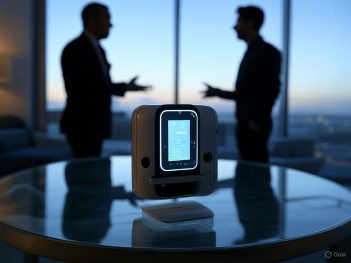 Um protótipo futurista de um dispositivo de IA, minimalista e elegante, sobre uma mesa de vidro em um ambiente moderno, com luzes suaves destacando seu design inovador. O dispositivo parece pequeno o suficiente para caber no bolso, com detalhes tecnológicos visíveis, como sensores e uma tela holográfica sutil. Ao fundo, uma silhueta de Jony Ive e Sam Altman em conversa, simbolizando a colaboração entre as empresas.