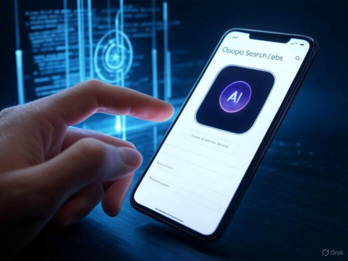 Uma imagem futurista de um smartphone com a tela exibindo a interface do Google Search Labs, destacando o ícone de IA e uma mão humana interagindo com a tela. Ao fundo, há elementos abstratos de tecnologia e linhas de código flutuantes, simbolizando a inteligência artificial.