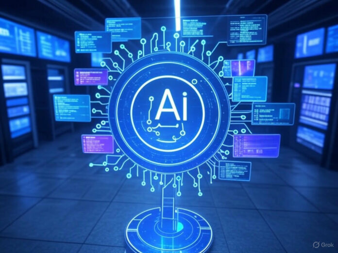 Uma ilustração futurista mostrando um fluxo de dados multimodais (texto, áudio, vídeo e imagens) sendo processados por um motor centralizado, com tons de azul e roxo, simbolizando inovação e tecnologia avançada. No centro, um ícone de IA brilhante representa a inteligência artificial como o núcleo da solução.