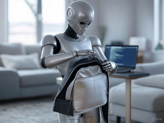 Um robô humanoide prateado realizando tarefas domésticas, como dobrar roupas e deszipar uma bolsa, em um ambiente moderno e bem iluminado. O robô está no centro da imagem, com destaque para suas mãos executando as ações. Ao fundo, um laptop aberto mostra linhas de código, simbolizando o controle por inteligência artificial.