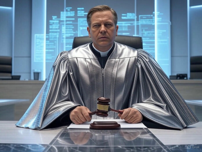 Uma ilustração futurista de um juiz segurando um martelo em uma sala de tribunal, com hologramas de livros e códigos de programação flutuando ao fundo, representando a interseção entre lei e inteligência artificial.