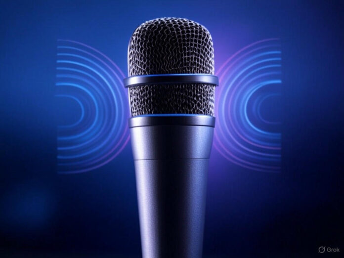 Uma imagem futurista de um microfone inteligente com ondas de voz saindo dele, representando tecnologia de IA de voz, em um fundo azul tecnológico. O microfone está centralizado, com detalhes brilhantes e um toque moderno.
