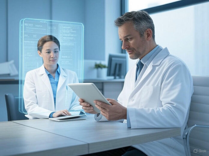 Uma imagem futurista de um consultório médico moderno, com um médico utilizando um tablet enquanto um assistente de IA (representado por hologramas ou elementos digitais) transcreve anotações médicas em tempo real. O ambiente deve transmitir tecnologia avançada e inovação, com tons de azul e branco predominantes.