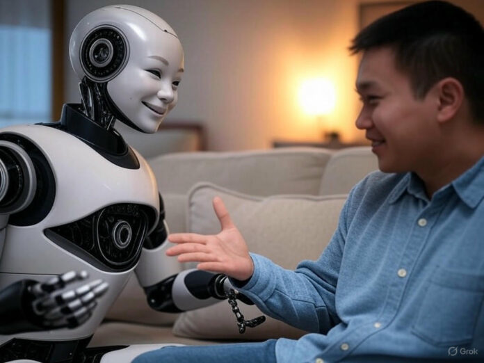 Uma ilustração futurista de um robô com expressões faciais humanas, interagindo com um humano em um ambiente acolhedor. O robô está sorrindo e gesticulando, enquanto o humano parece confortável e engajado. A cena transmite conexão emocional e tecnologia avançada, com tons suaves e cores quentes para destacar a harmonia entre humanos e IA.