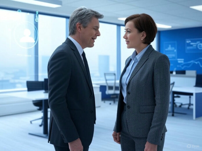 Uma imagem futurista representando um assistente de IA conversacional interagindo com um humano em um ambiente empresarial moderno, com gráficos de crescimento e ícones de integração de plataformas ao fundo, tudo em tons de azul e branco.
