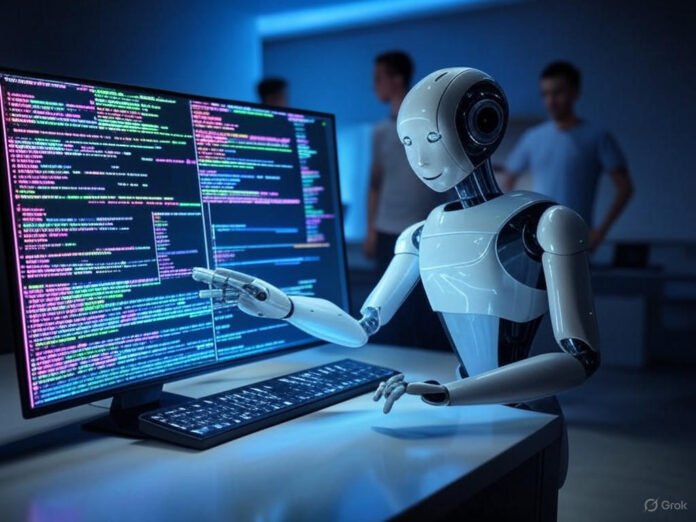Uma ilustração futurista de um terminal de computador com linhas de código brilhantes, simbolizando a integração da IA Gemini CLI no ambiente de desenvolvimento. No centro, um robô estilizado (representando a IA) interage com o terminal, enquanto desenvolvedores observam ao fundo, em um ambiente moderno e tecnológico.