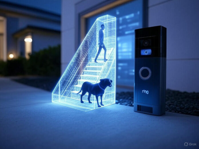 Uma campainha inteligente da Ring com um holograma de IA projetando uma notificação descritiva em tempo real, como 'Uma pessoa está subindo as escadas com um cachorro preto'. A cena deve ser futurista, com tons de azul e branco, destacando a tecnologia avançada.