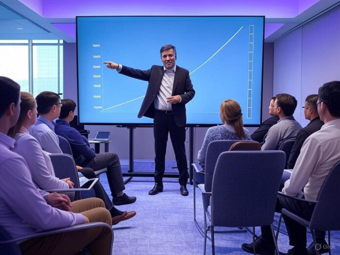 Uma sala de conferência moderna com um palestrante no centro, cercado por uma plateia atenta. O palestrante está apontando para um gráfico de crescimento exponencial em uma tela, simbolizando o potencial das startups de IA. A atmosfera é profissional e futurista, com tons de azul e roxo.