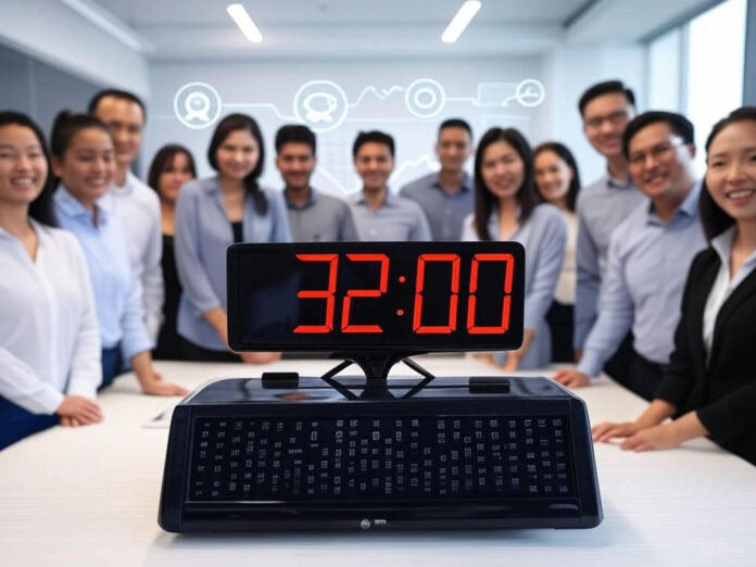 Uma ilustração moderna mostrando um relógio de ponto digital marcando 32 horas, com um fundo de gráficos de produtividade e IA, simbolizando a redução da jornada de trabalho impulsionada pela tecnologia. No centro, um grupo diversificado de trabalhadores felizes, abraçando suas famílias ou desfrutando de hobbies, representando o tempo livre conquistado.